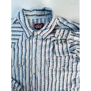 Vintage Red Men Flannel‎ Shirt Size XL Western Pearl Snap Blue White Stripes